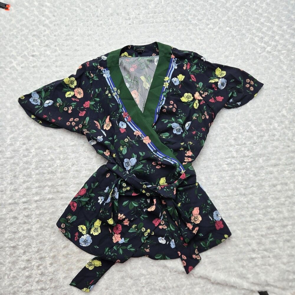 Ann Taylor Blouse Womens XXL Floral V-Neck Short Sleeve Belted